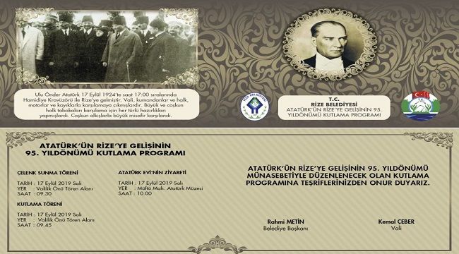 Başkan Metin'den Atatürk'ün Rize'yi Ziyaretinin 95. Yıl Dönümü Mesajı